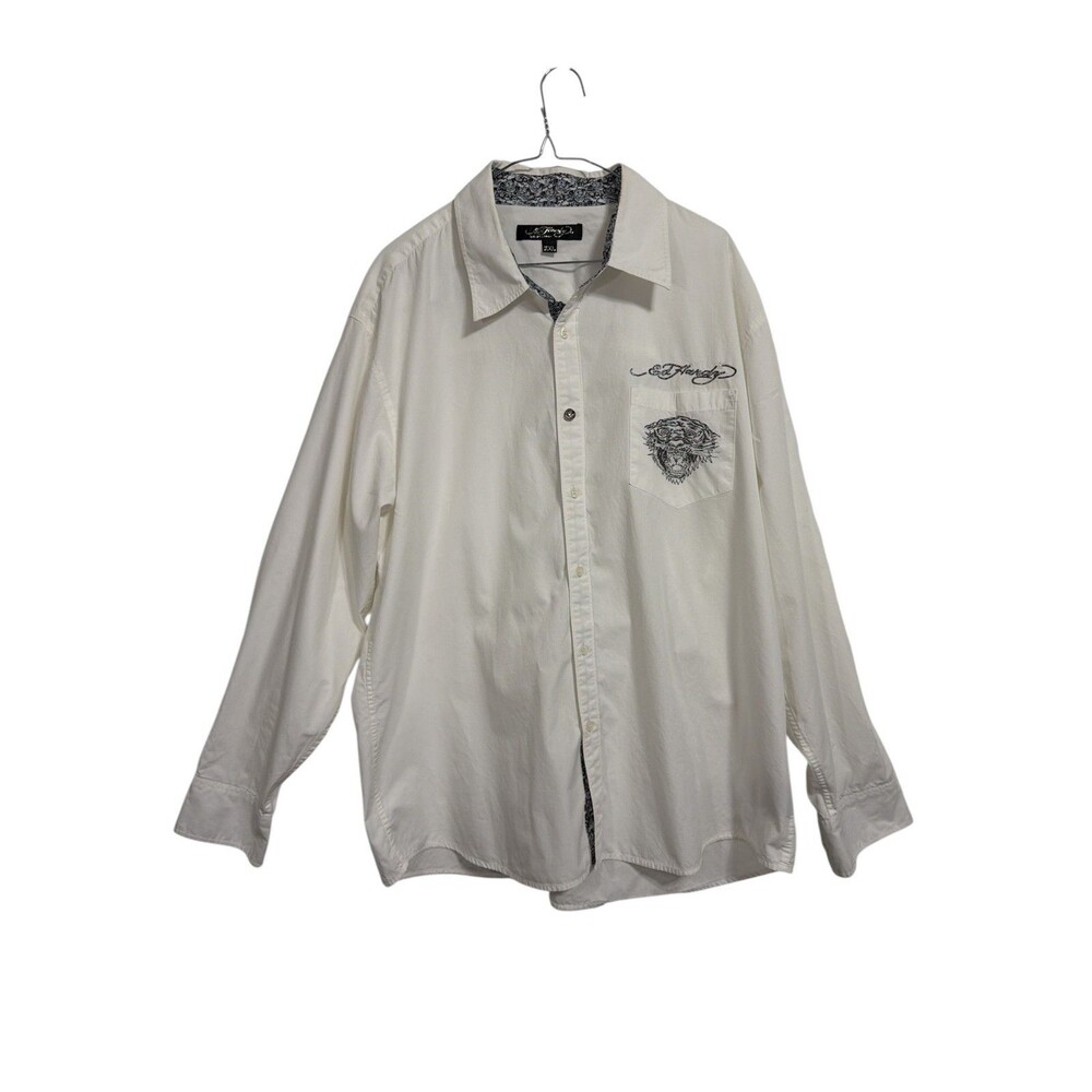Ed Hardy‎ Christian Audigier Shirt XXL White Cotton Button Up Tiger Tattoo Print